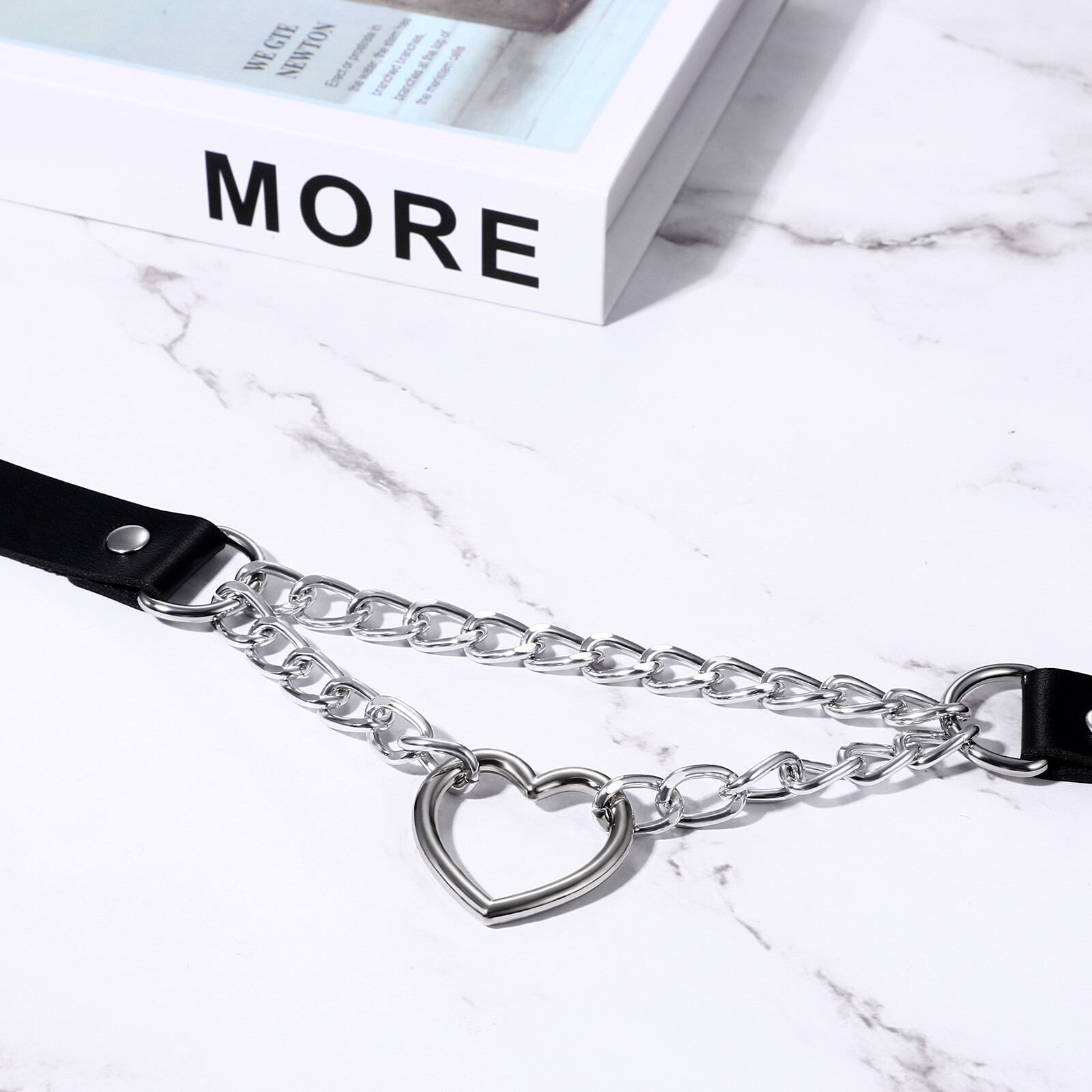 Women Girls Heart Ring Chain Leather Choker Punk Rock Collar Necklace Adjustable