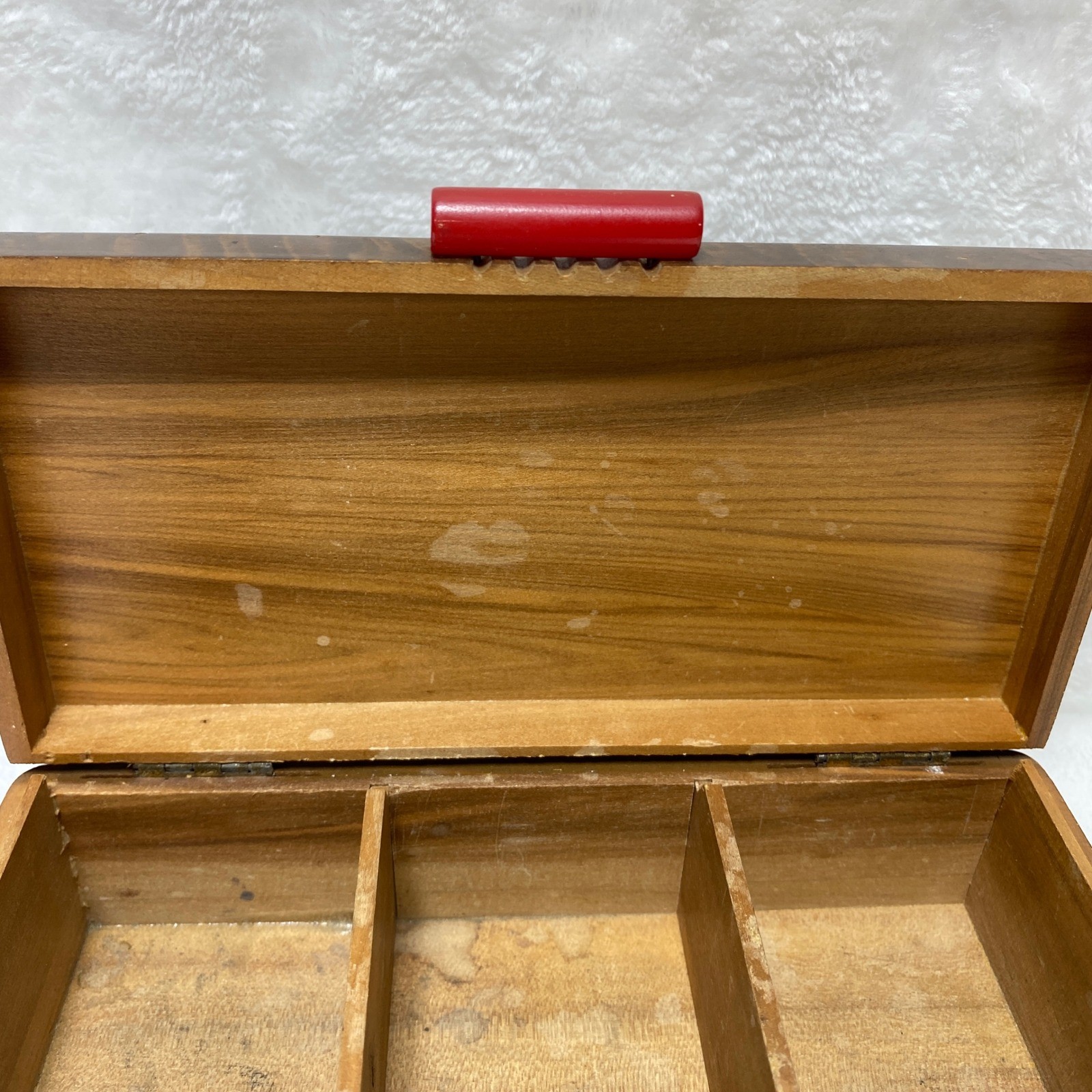 Vintage Bakelite Red Handle Wood Grain Jewelry Trinket Box Art Deco Storage