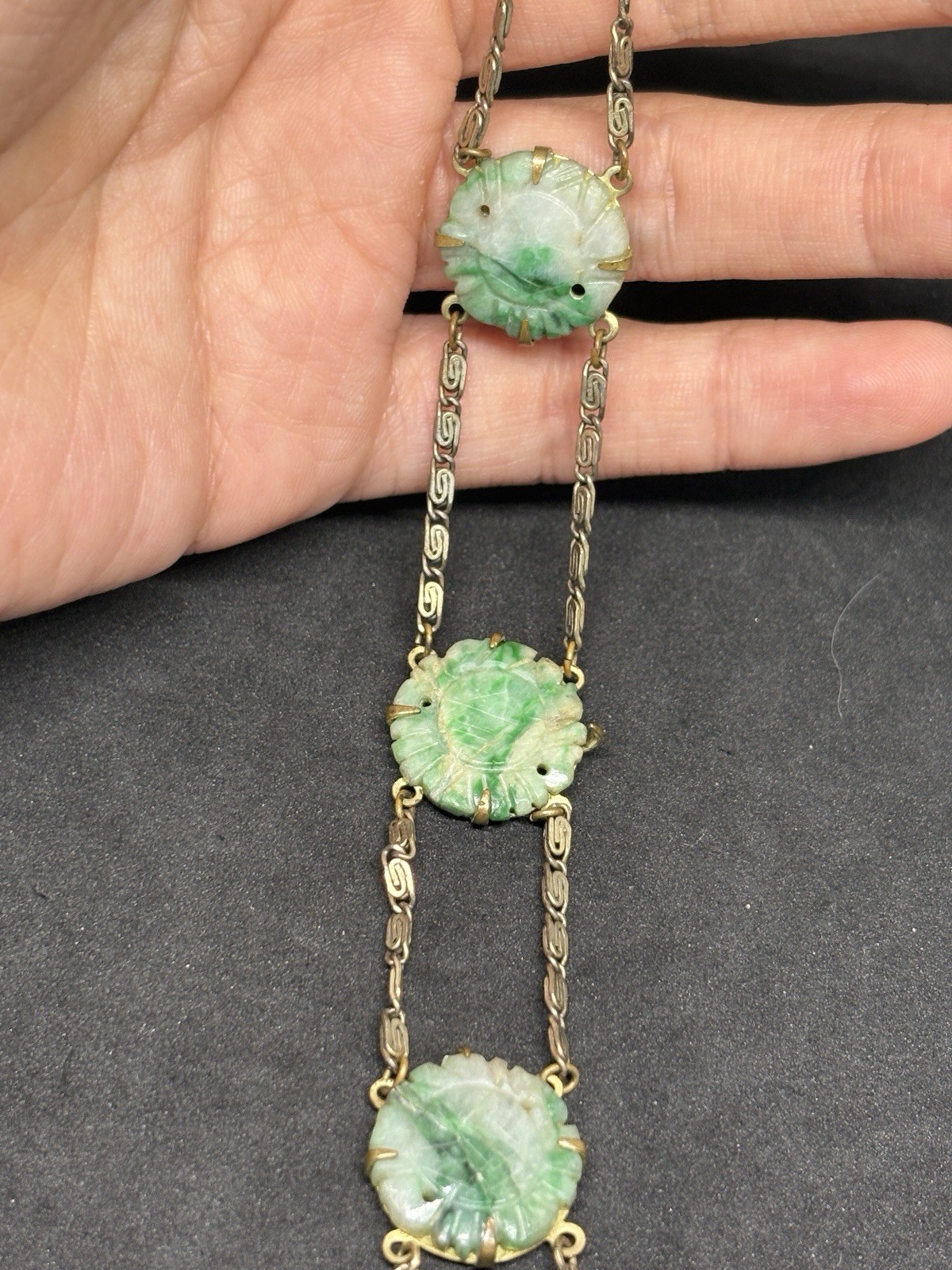 Antique Chinese Export Art Deco Brass Link Carved Jade Disc Chain Bracelet 7”