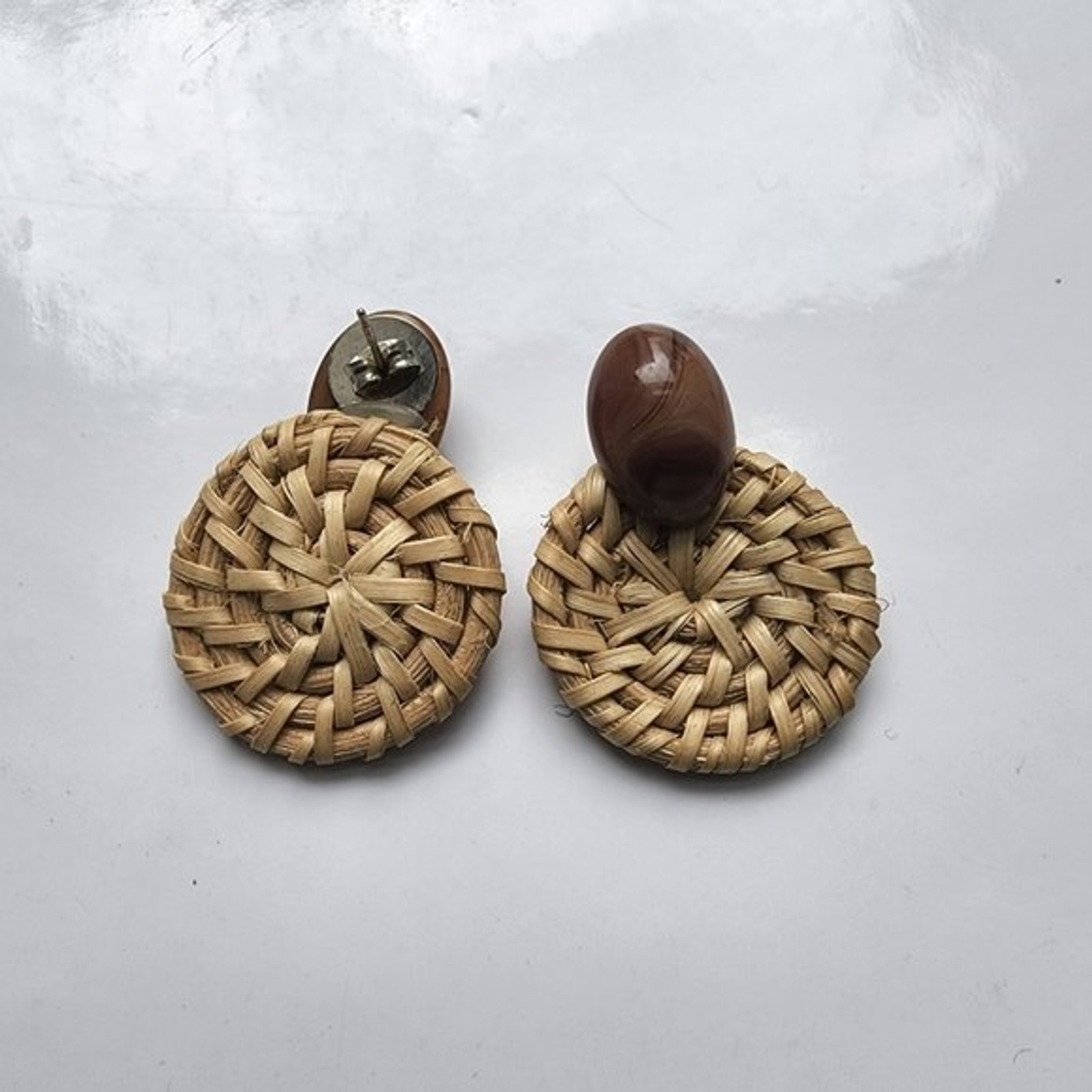 Wicker woven brown and tan post earrings, boho chic, modern, contemporary,
