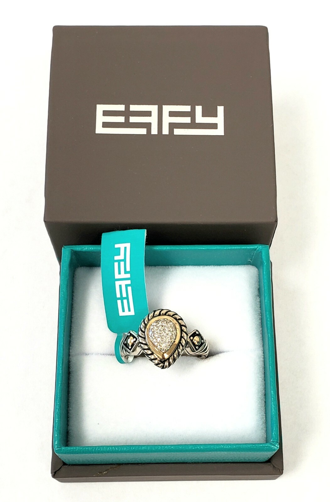 Effy Sterling Silver & 18K Yellow Gold Pave Teardrop Diamond Ring Size 7