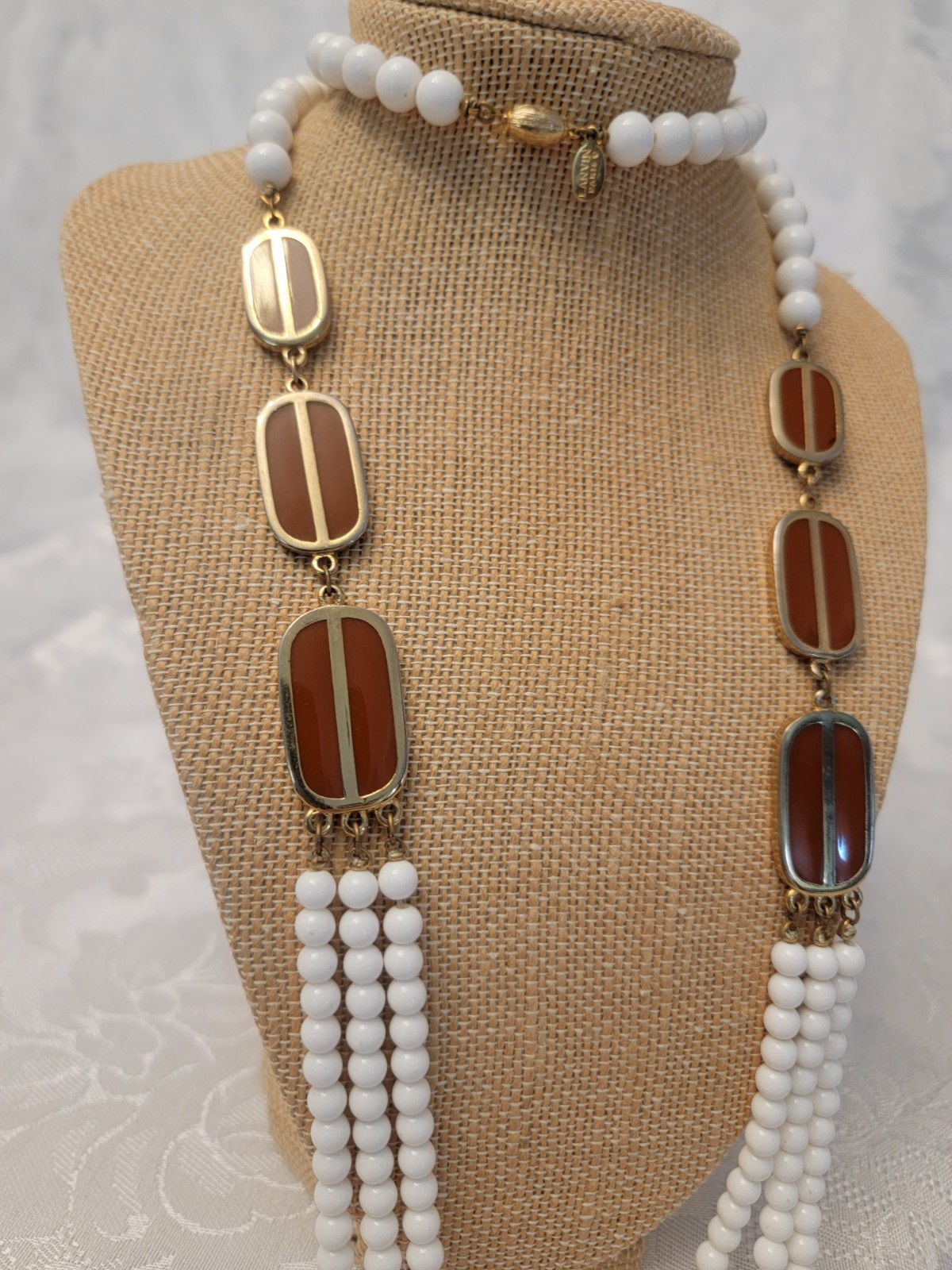 Vintage Lanvin Paris White Bead And Carnelian Colored Glass Necklace