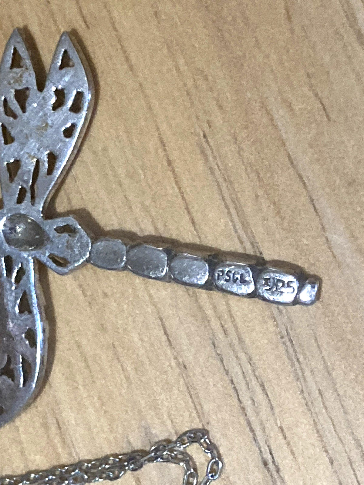 Vintage Peter Stone Pendant Necklace Sterling Silver Dragonfly Abalone Charm 925