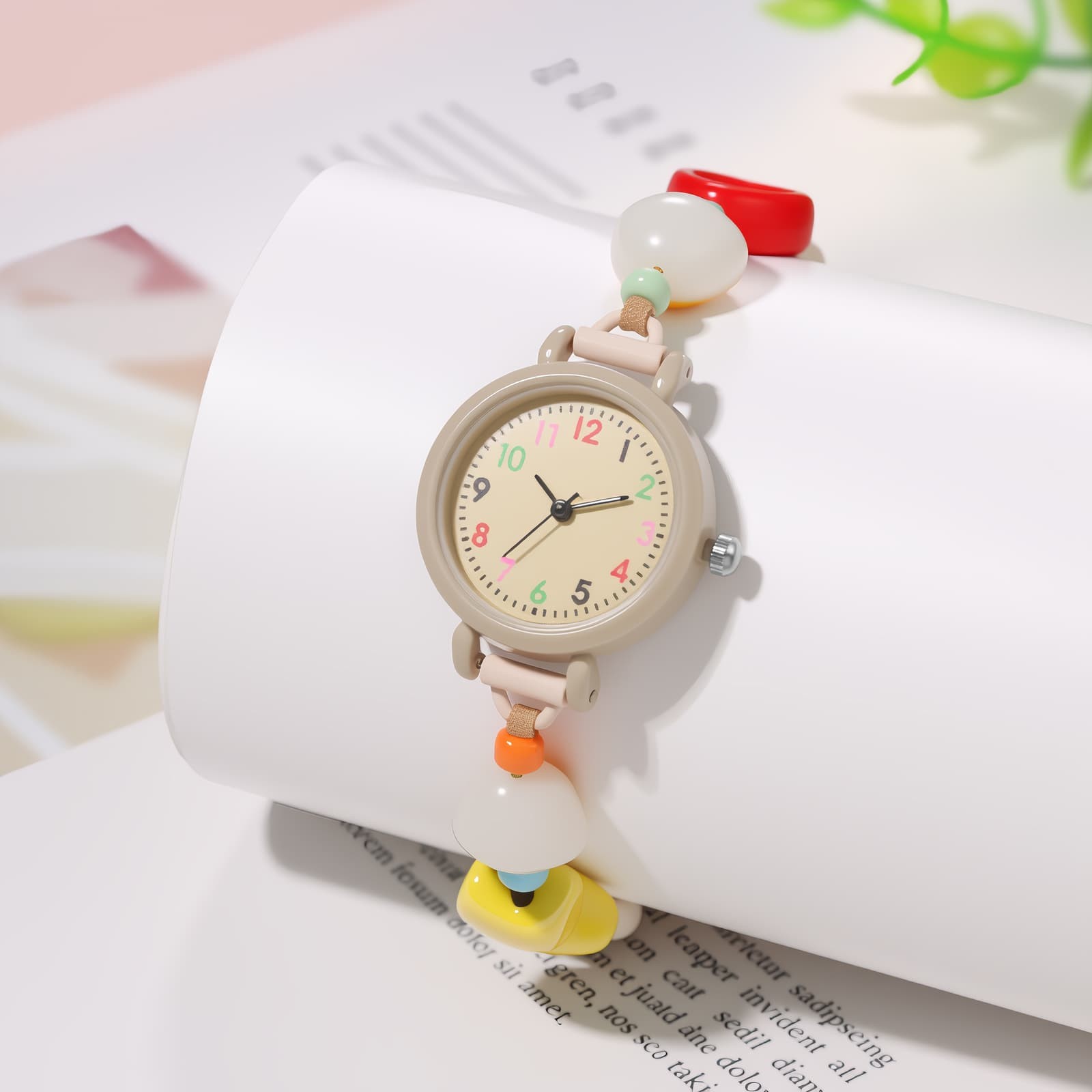 Women Cute Wood Bead Elastic Band Student Wrist Watch Graduation Birthday Gift