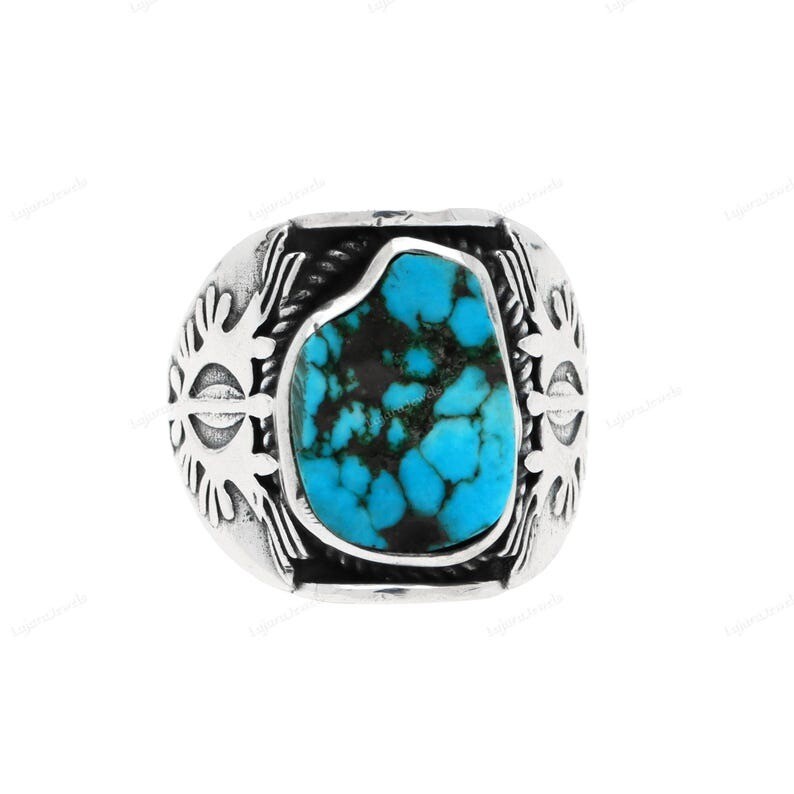 Tibetan Turquoise Raw Ring 925 Sterling Silver Ring Men’s Signet Handmade Ring