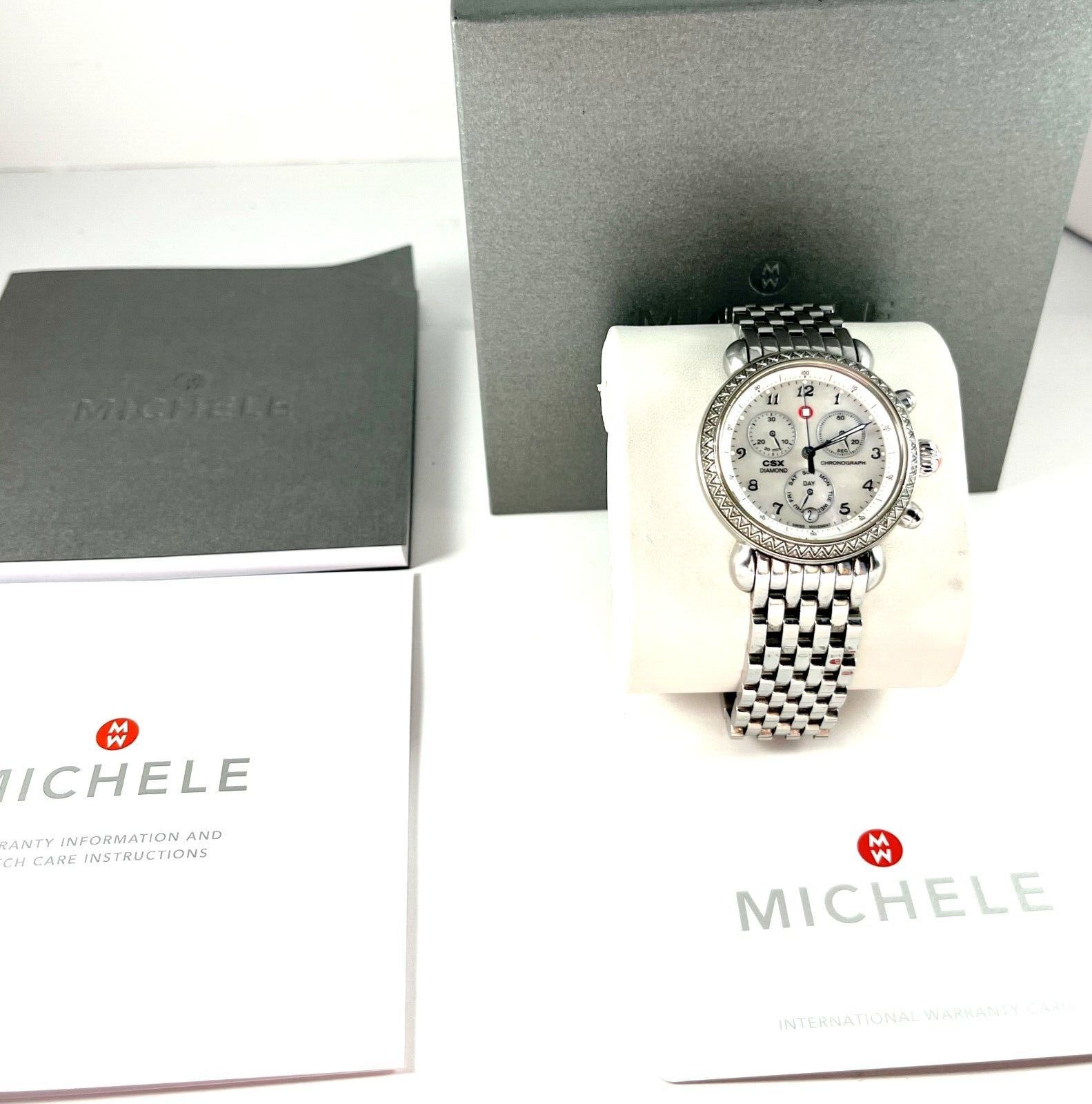Michele CSX Diamond Chronograph Watch With SS Locking Band in Excellent Cond.
