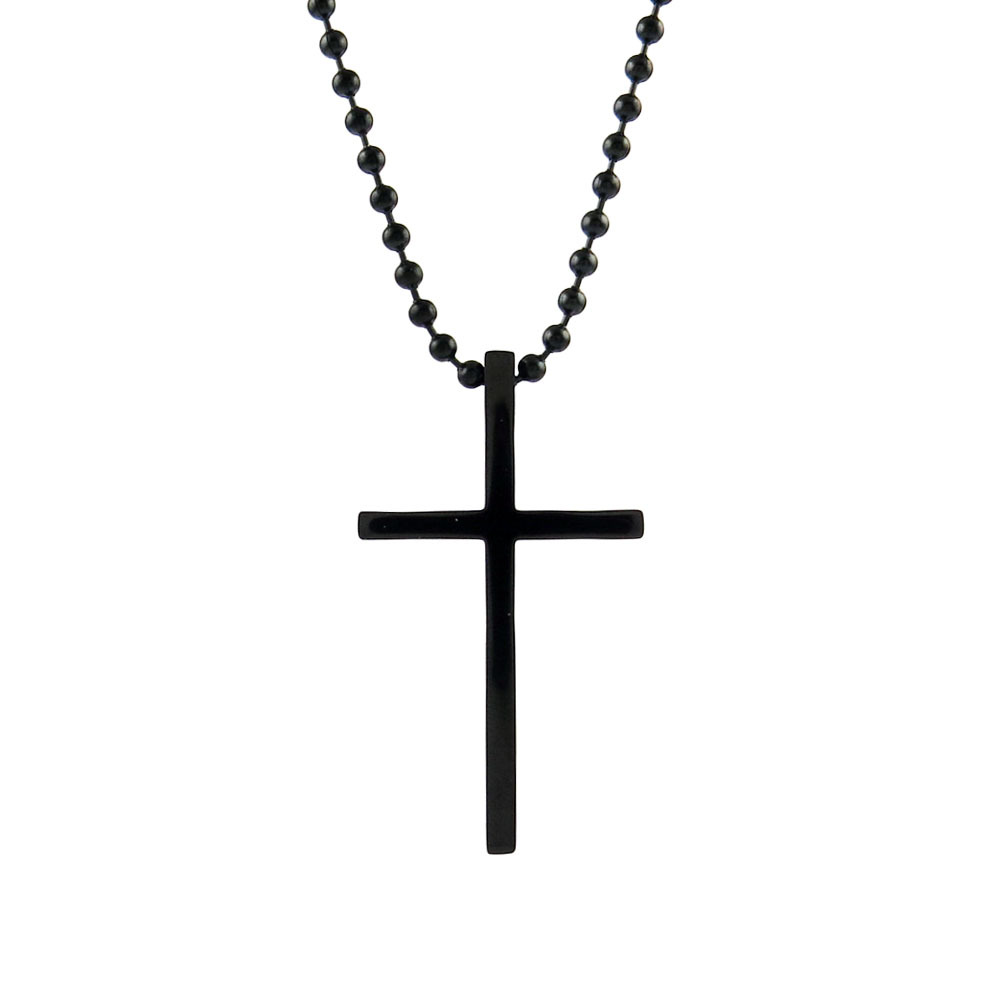 Men Stainless Steel Plain Black Cross Pendant Necklace Chain Link