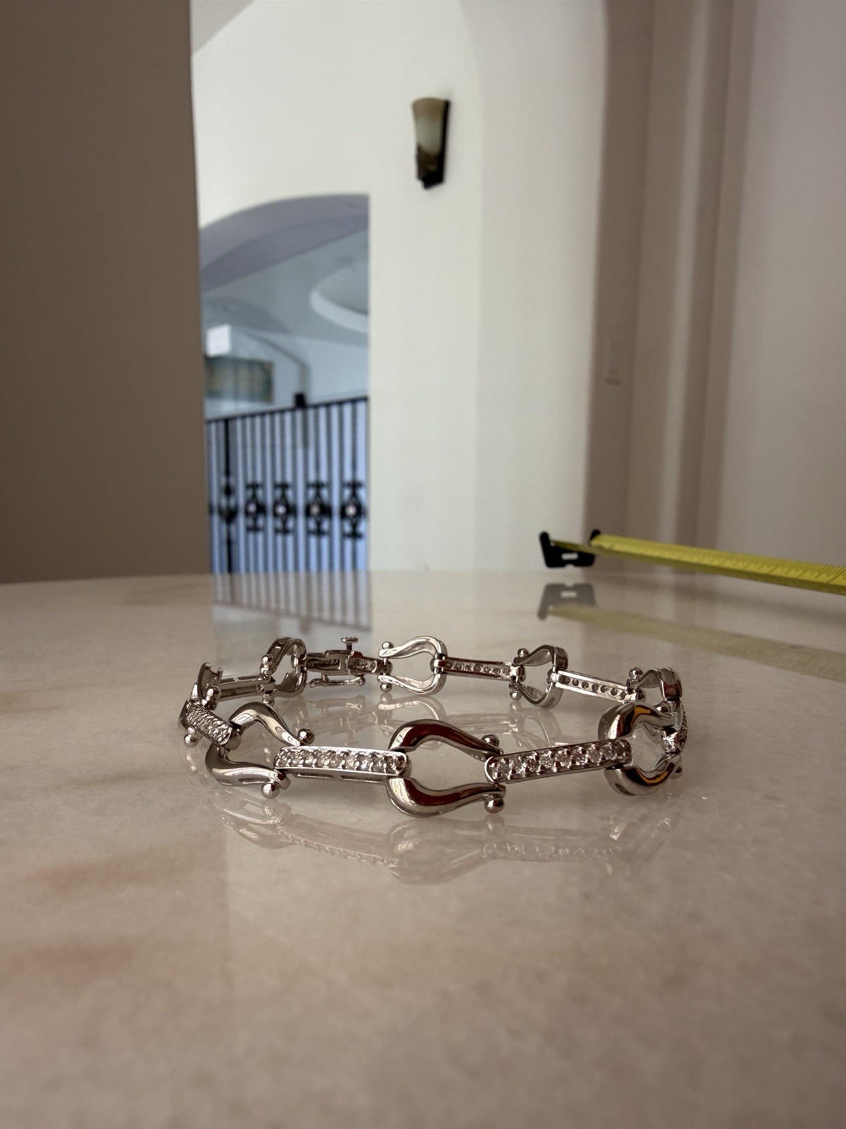 14K White Gold Link Chain Bracelet with Pavé Clear Crystals, Lobster Clasp 7 in