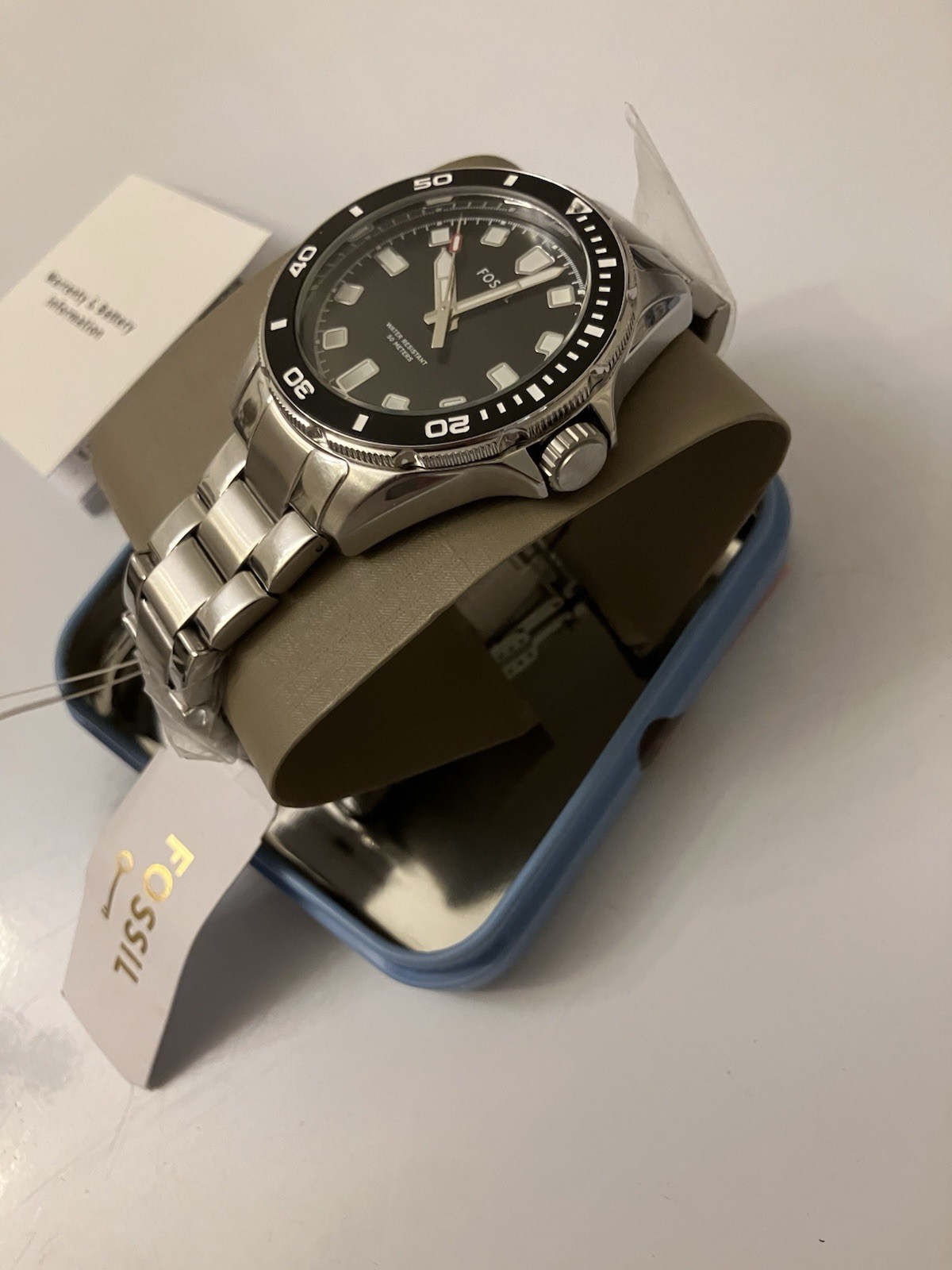 Fossil Blue Dive, Silver Stainless Steel Quartz Watch, Miyota 2115 Date, NIB