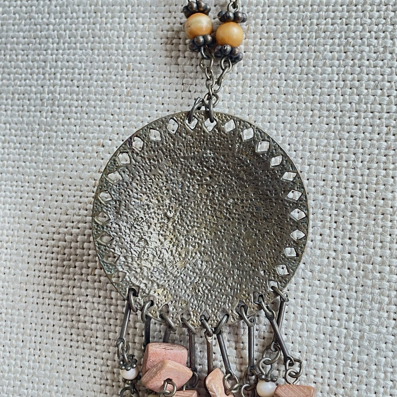 VTG VCLM Signed Boho Statement Medallion Necklace Peach Wood Bead Fringe Fringe