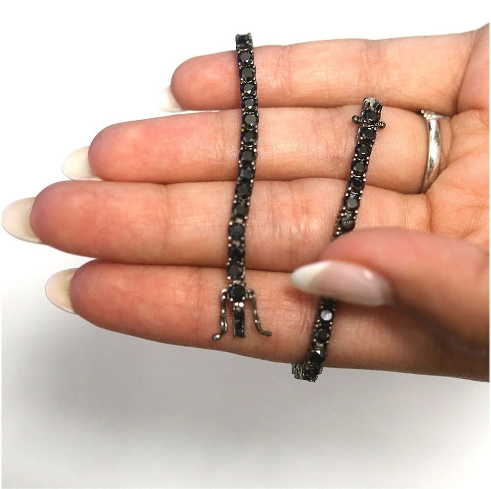 10Ct Round Cut Black Lab Created 14K Black Gold Plated 7.5”In Tennis Bracelet