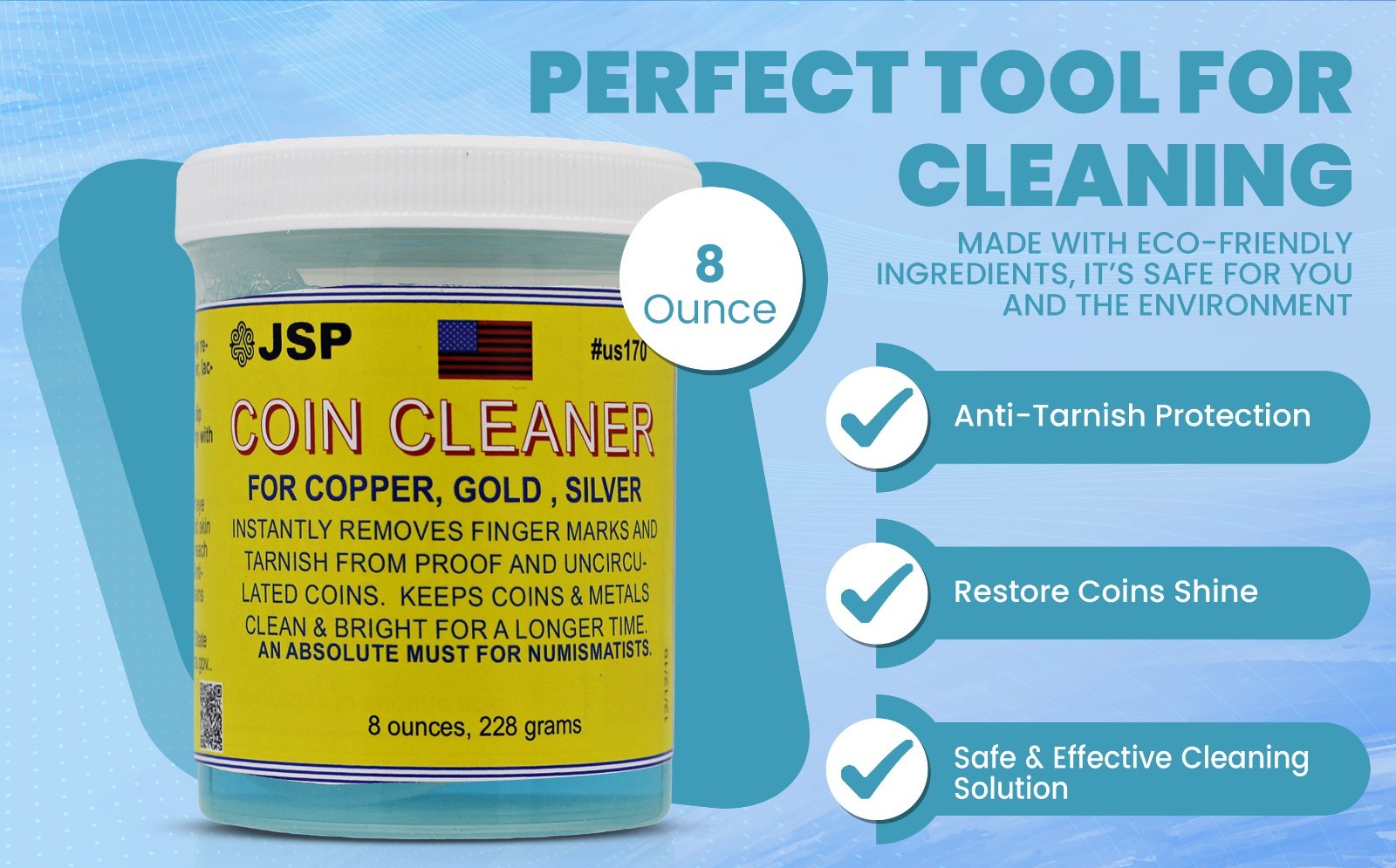 JSP SUPER COIN CLEANER 16 ounces Silver Copper Gold Jewelry Bars Remove Tarnish