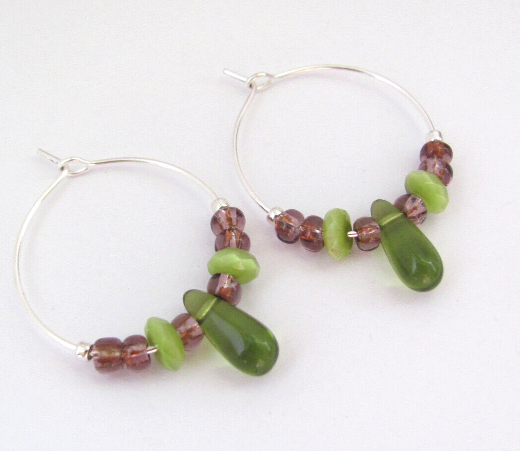 Hoop Earrings Boho Beaded Green Purple Silver Plate Hawaii Beads Czech Glass