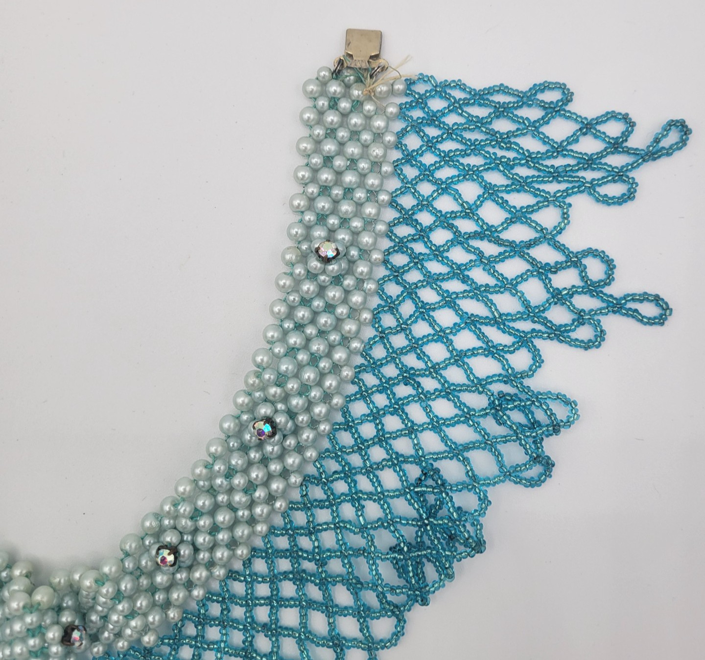 Woven Seed Bead Choker Collar Necklace Bib Teal Faux Pearl & Rhinestone