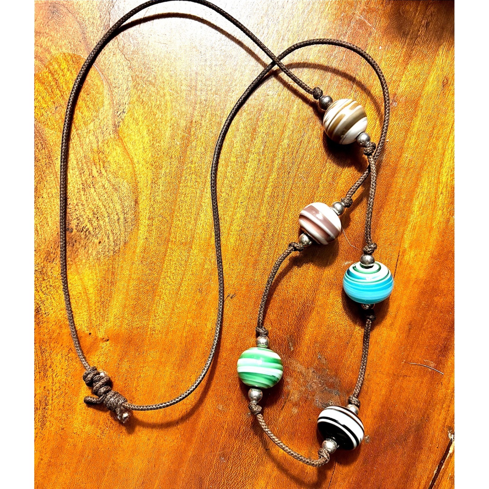 Boho Swirl Glass Bead Cord Necklace Adjustable Brown Knotted Multi Color Striped