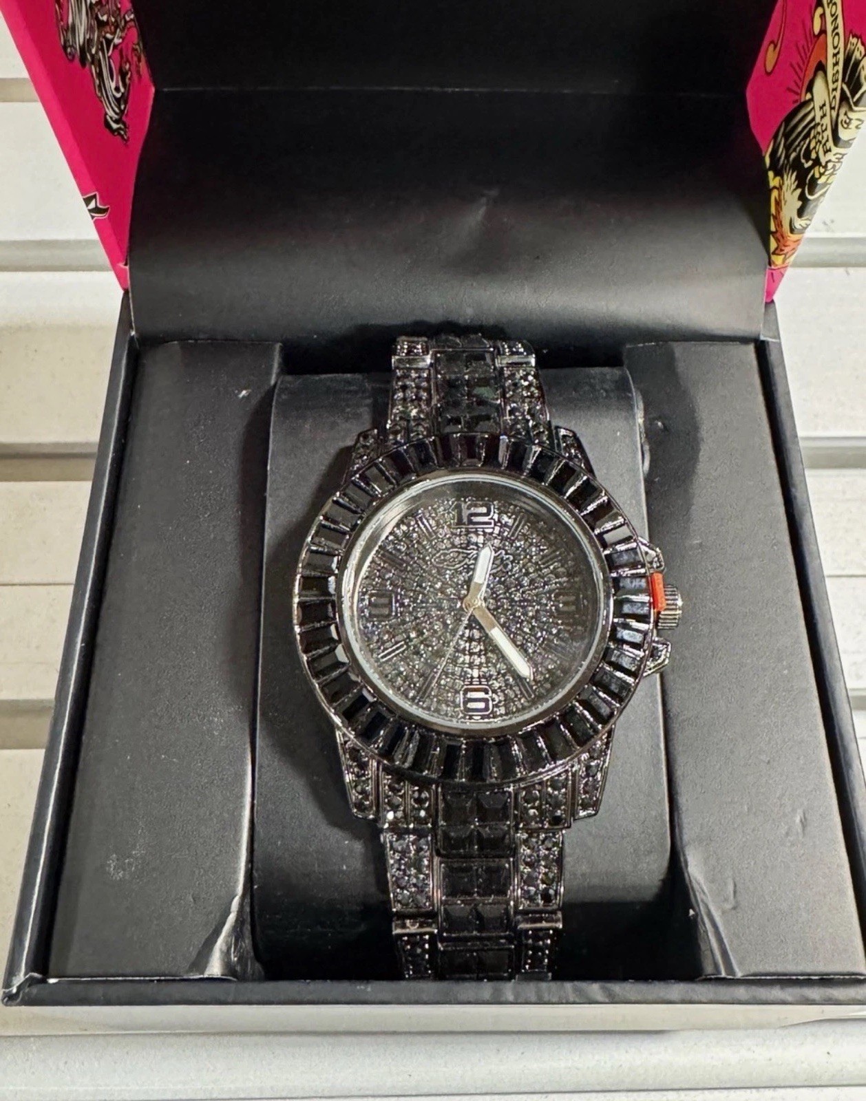 Ed Hardy Quartz Black Tone Diamond Accent Watch Metal Bracelet Black Dial Box