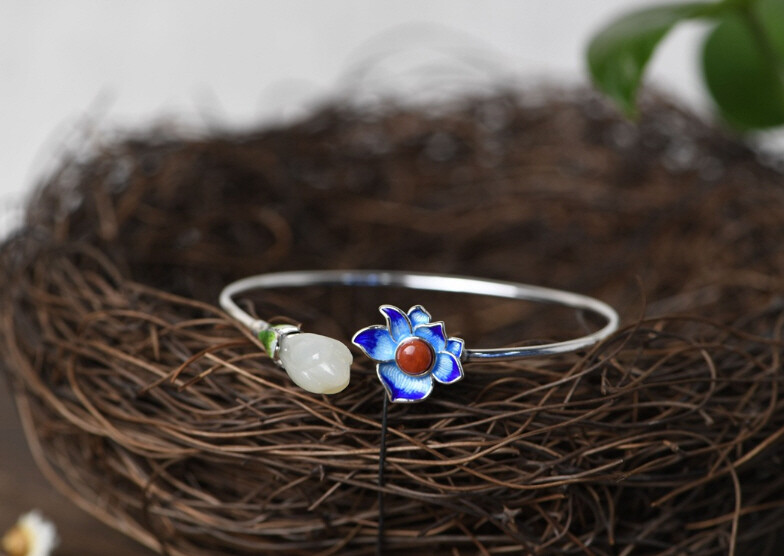 I05 Cloisonne Bangle Silver 925 Blue Green Petals White Jade Agate
