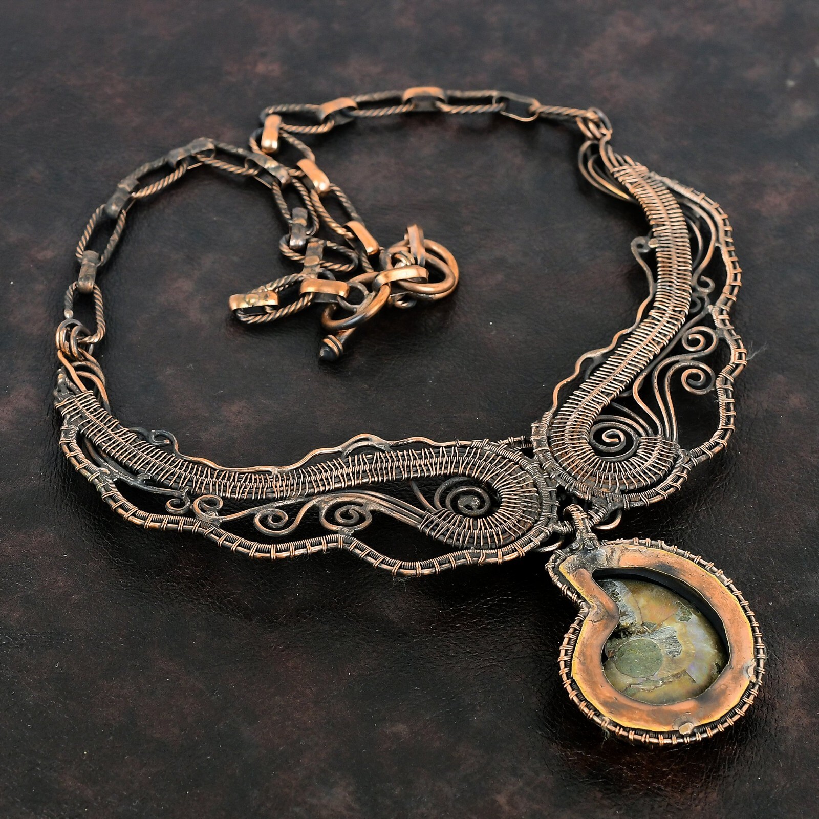Ammonite Fossil Copper Gift For Mom Wire Wrapped Chain Adjustable Necklace 18.0″