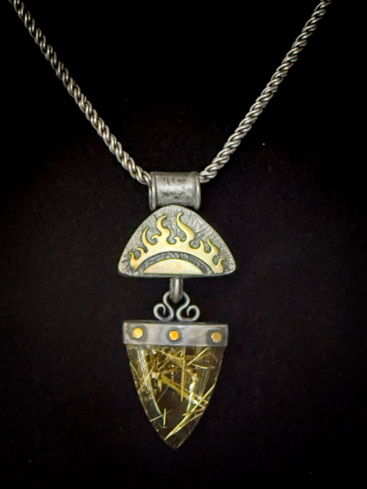 Rutilated Quartz Pendant W 22″ Necklace – 925 Silver & 10K Gold – 2.0 oz