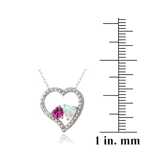 Silver Diamond Accent Created Pink Sapphire &White Opal 3Floating Heart Necklace