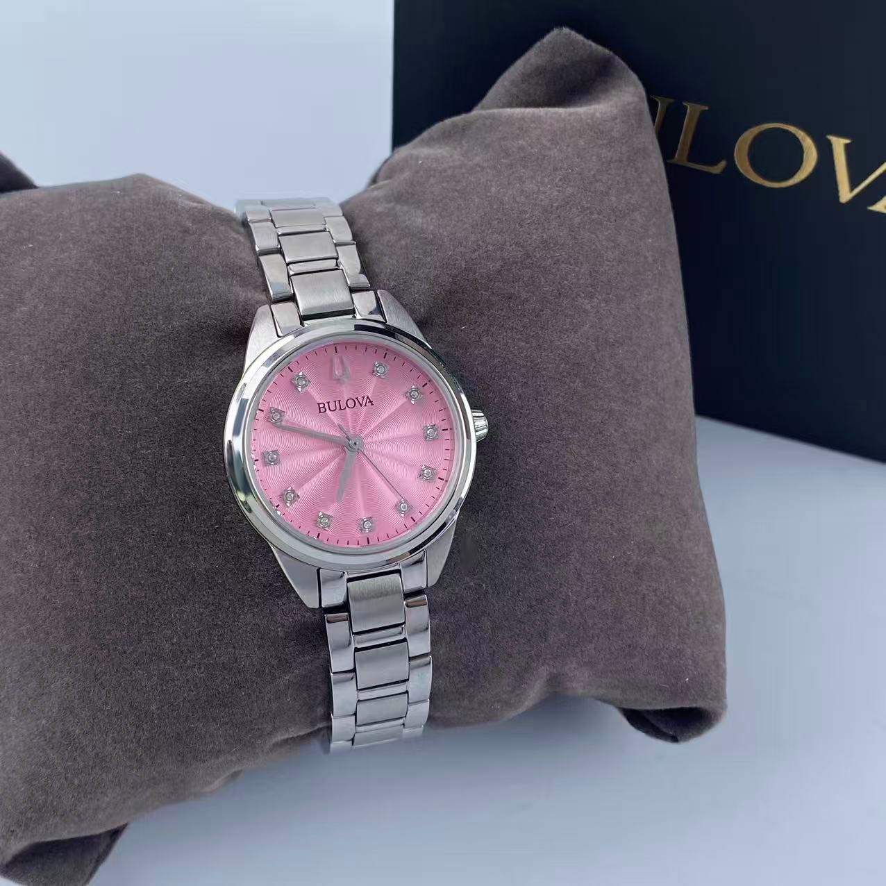 Bulova Sutton Women’s Quartz Watch Pink Diamond Dial Stainless Steel 96P249 28mm