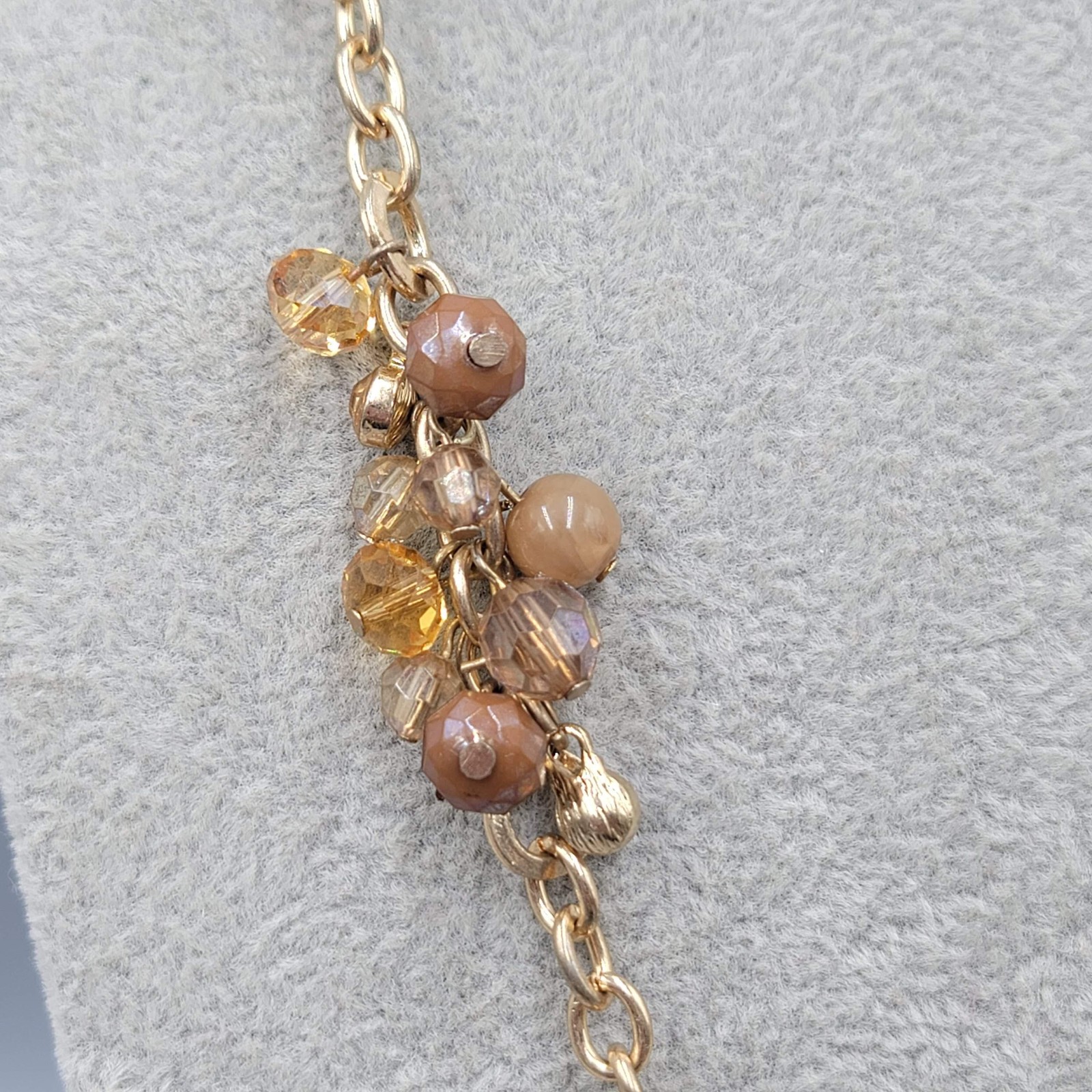 Gold Tone Beaded Station Necklace 36 in Brown Glass Filigree Beads Chain Womens