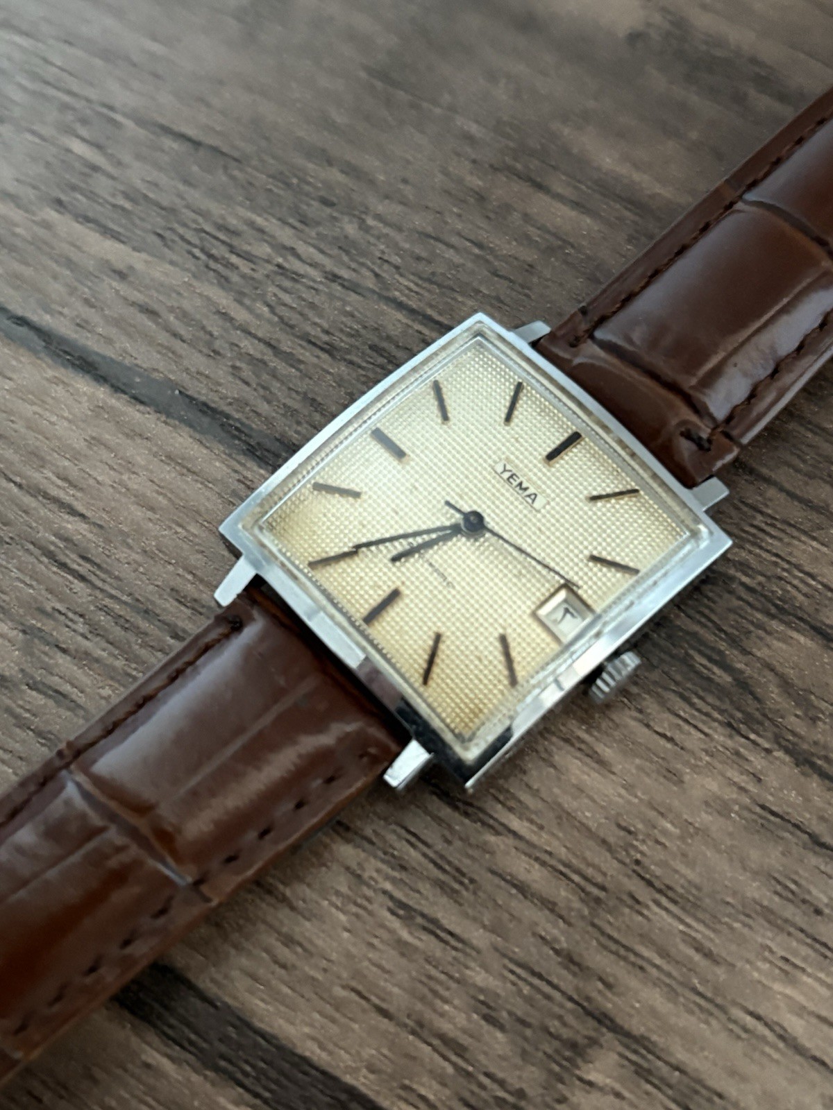 Vintage Yema Automatic Arabic Date Textured Dial Square 29mm Swiss