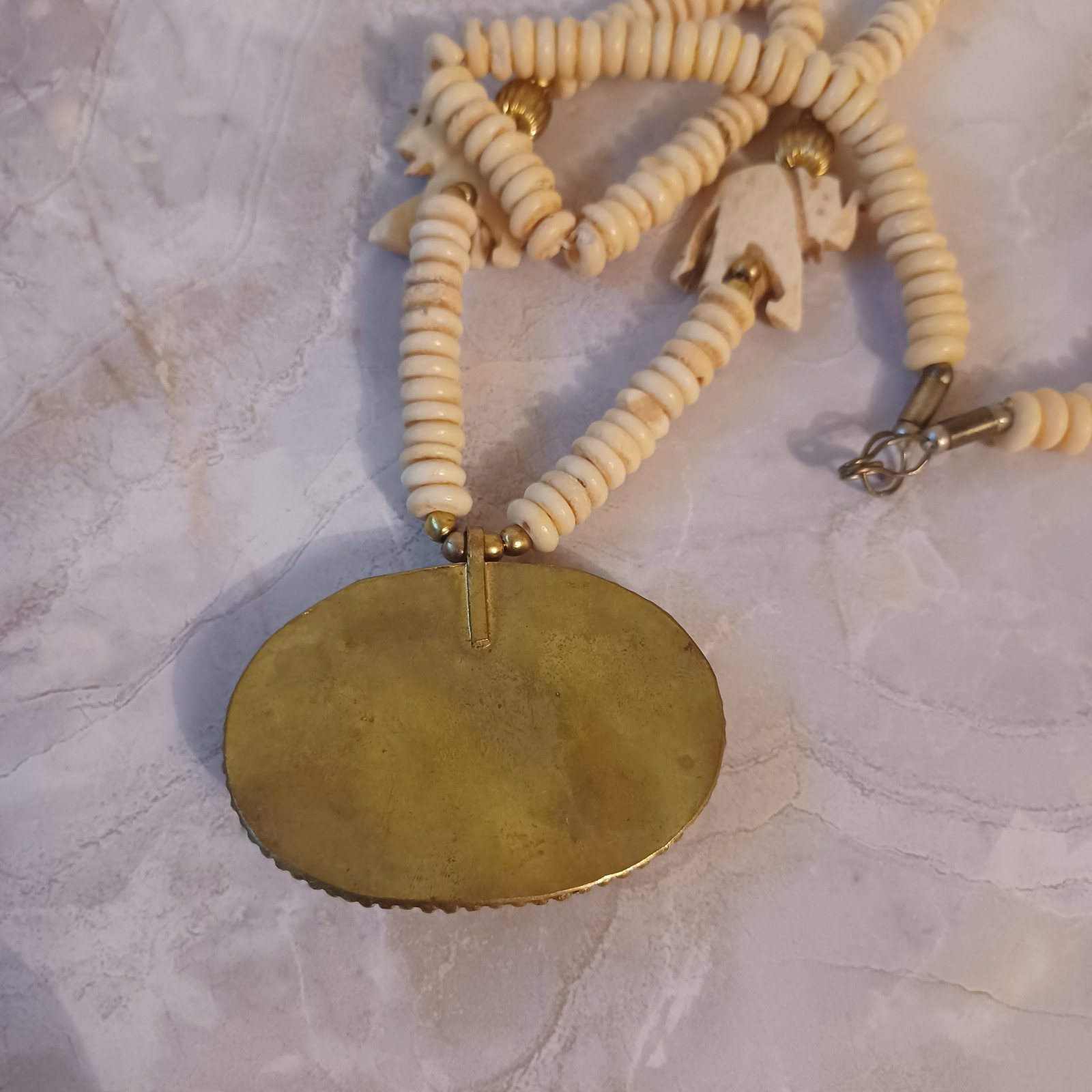 Vintage Tribal Carved Bovine Bone & Brass Elephant Pendant Necklace Earring Set
