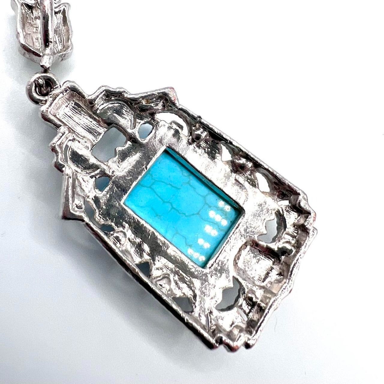 Vintage Style Silver Faux Turquoise Marcasite Pendant Necklace 18” Art Deco Rev