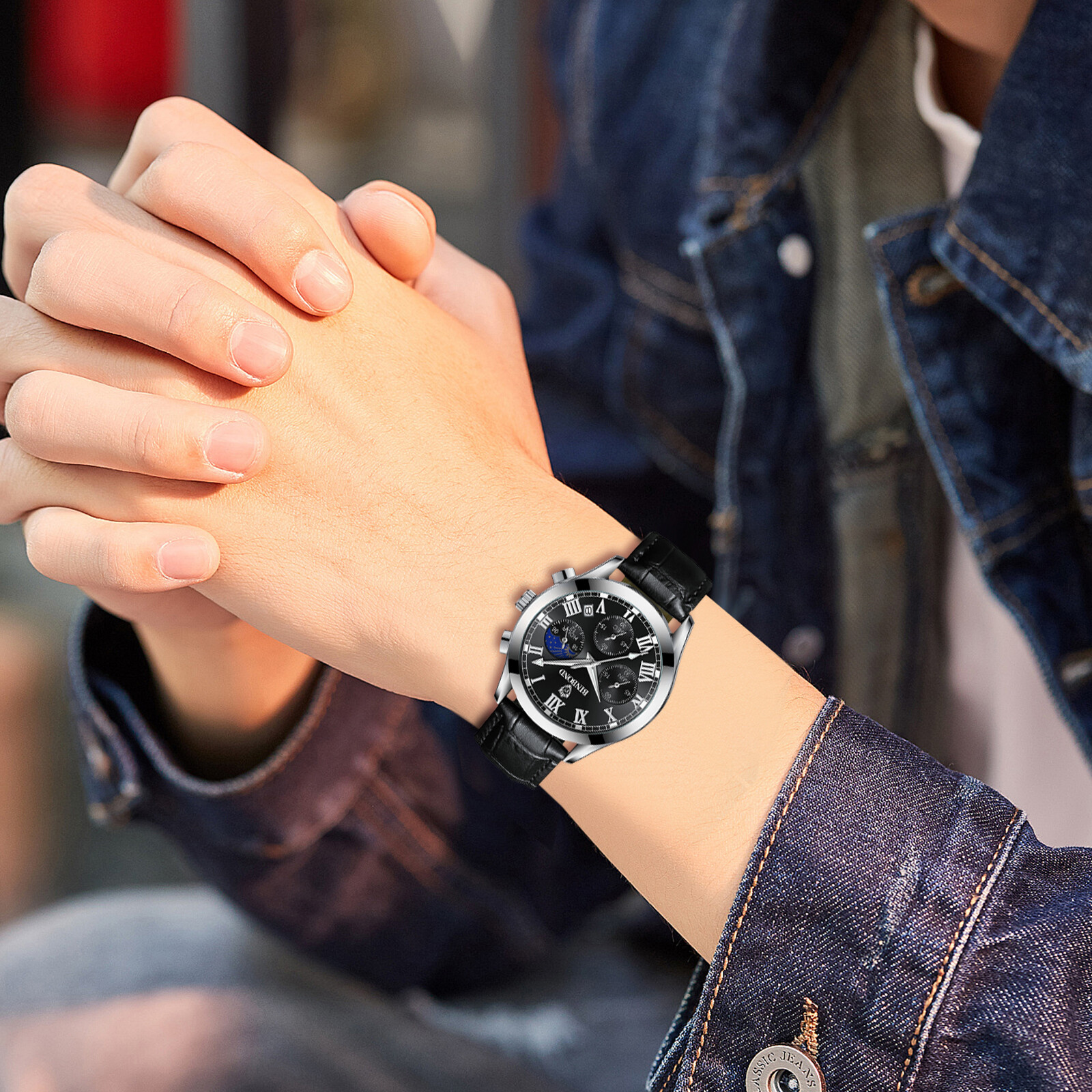 Men’s Waterproof Chronograph Dial Leather Band Causal Analog Quartz Date Watch