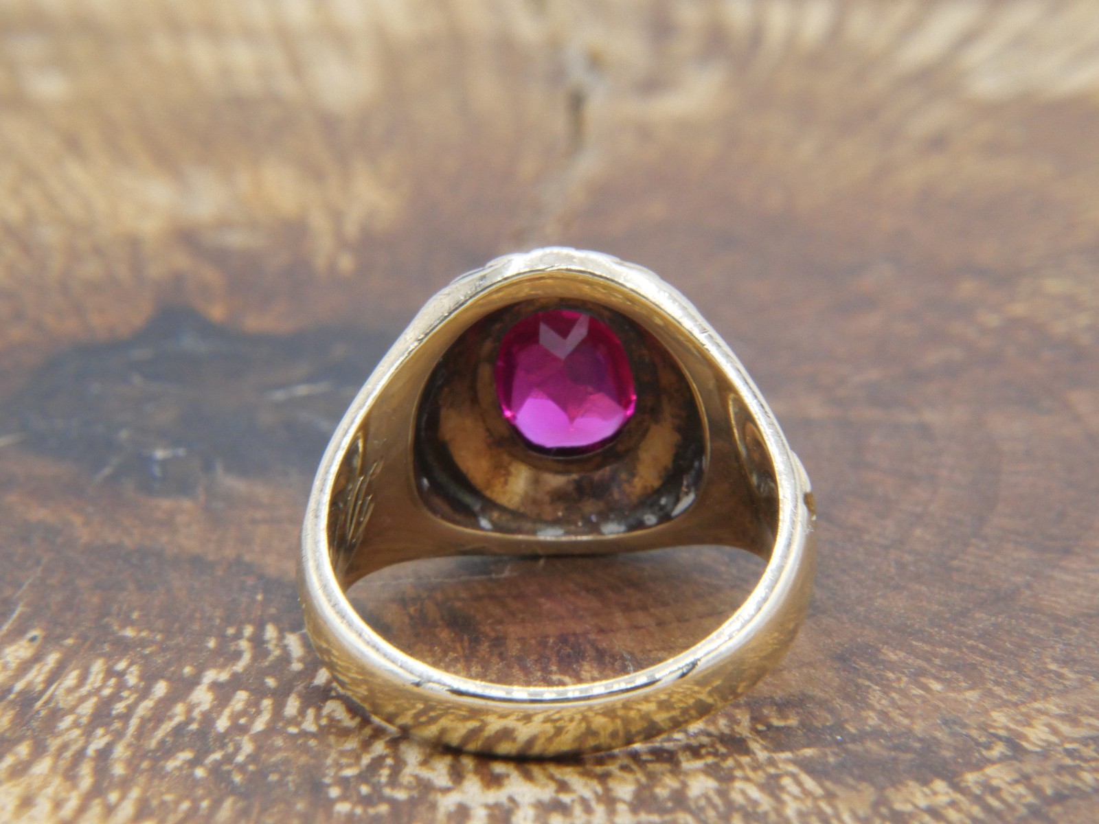 Antique 1931 10K Gold Lab Created Flame Fusion Ruby, Lancaster Hospital Ring