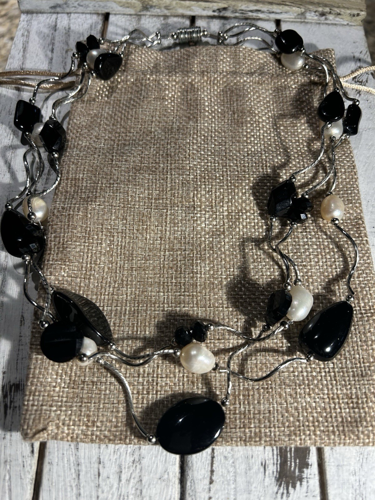 Artisan Black Crystal + Glass Bead Freshwater Pearl 3- Strand Wavy Link Necklace