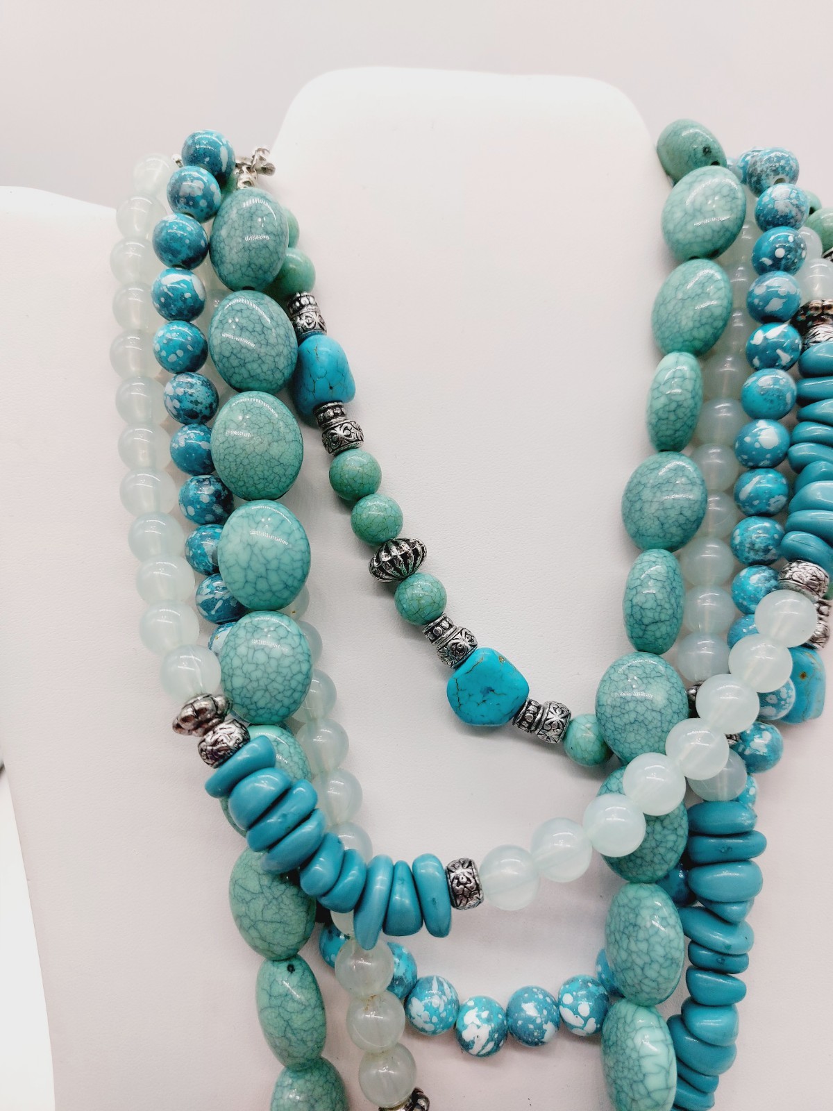Necklace Blue Aquatic Bib Choker Turquoise Silver Tone Beads Multi Strand