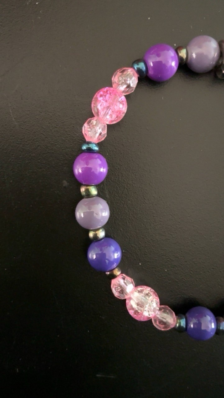 Handmade Beaded Stretch Bracelet Purple Pink Blue Round Beads Stackable Sizable