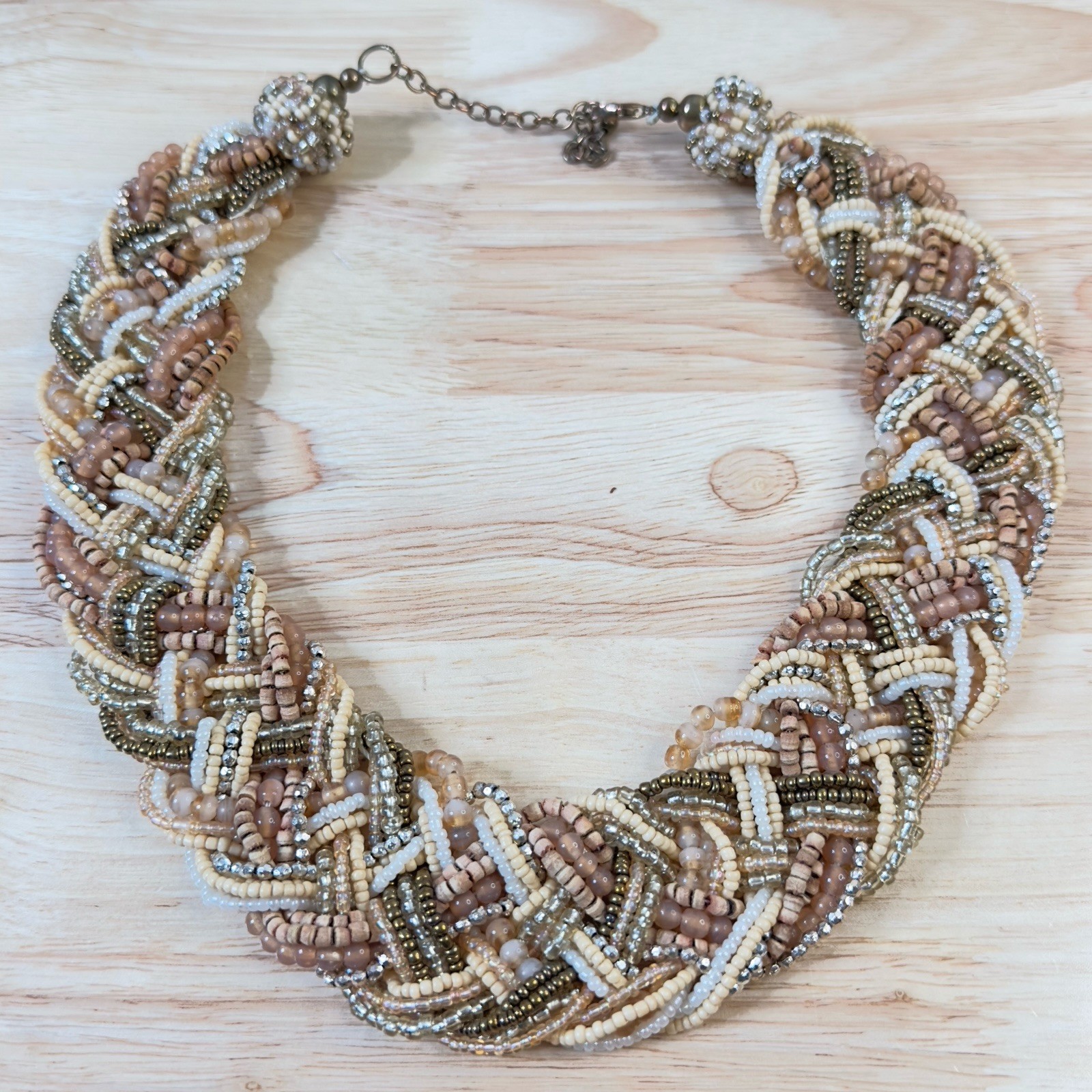 Vintage Collar Necklace Braided Seed Beads Earth Tones 18″ – 21″ Glass & Wood
