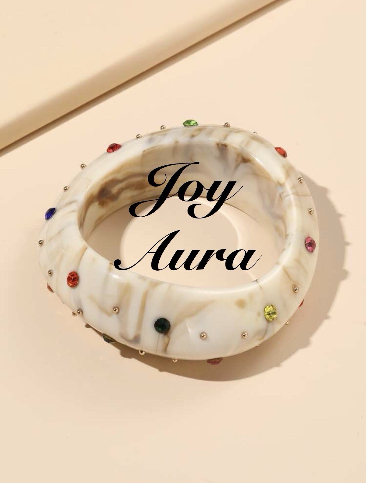 Joy Aura White Resin Bangle Bracelet w/ Round Multicolor Crystals 6.6 cm set