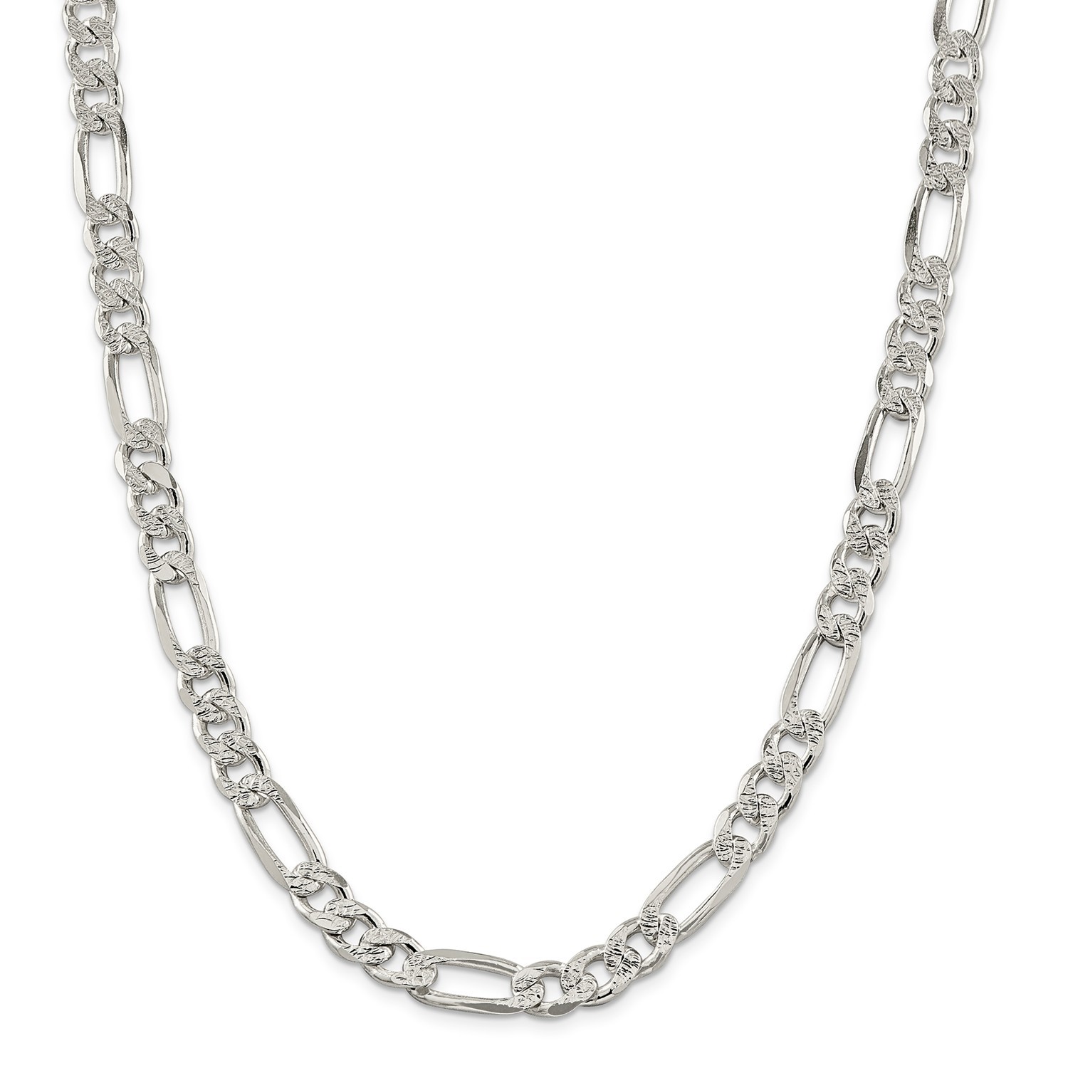 Sterling Silver 9.5mm Pave Flat Figaro Link Chain w/ Lobster Clasp 20″ – 26″