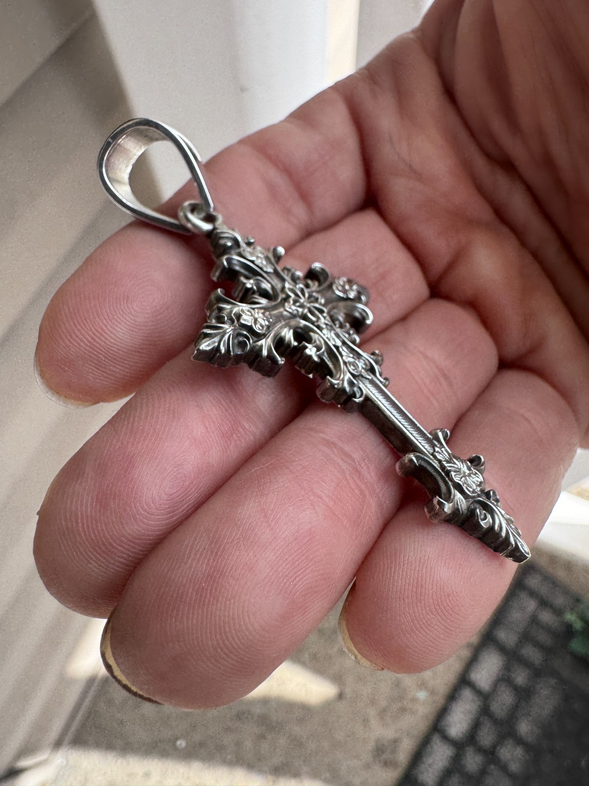 Oxidized Gothic Cross Charm Pendant 2.5″ Polished Solid Sterling Silver .925