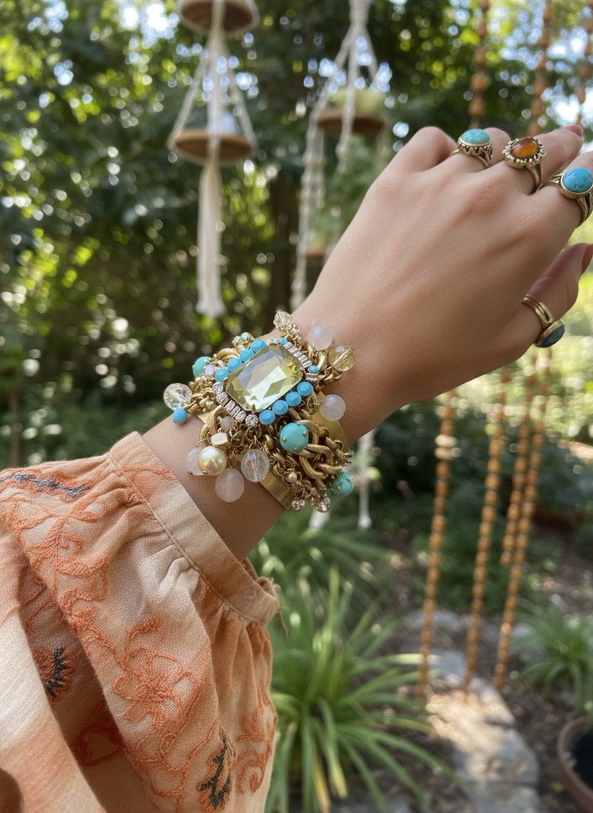Bohemian CAROLEE GOLD TONE/GOLD CHAIN W/ BEADED CHARM CUFF BRACELET- JL97