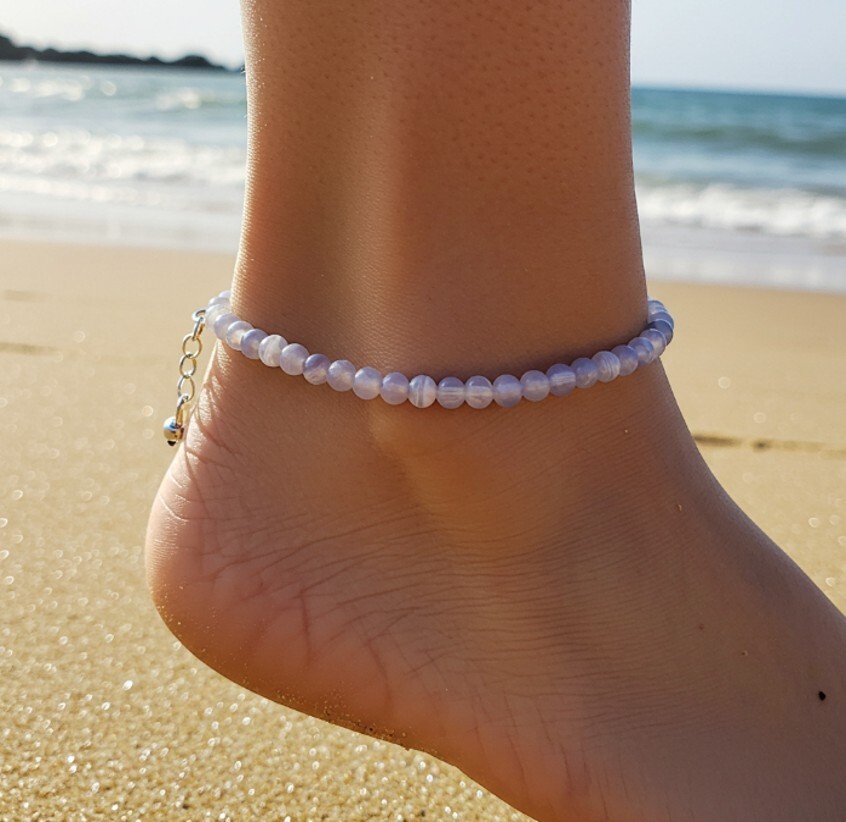 Blue Lace Agate Anklet Blue Gemstone Beaded Anklet Healing Summer Women Gift