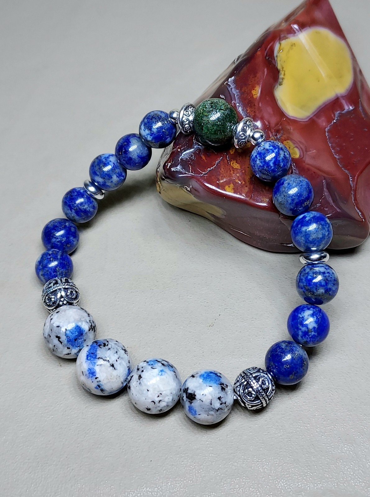 Blue Lapis and K2 Stone Bracelet Unique Meditation Jewelry Stretchy Gems 6.25″