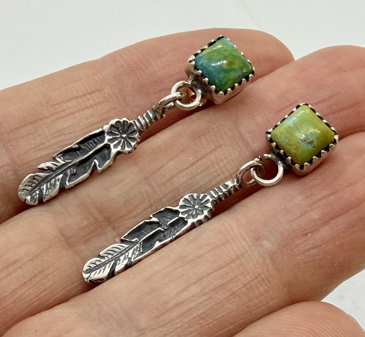 Native American Sterling Silver Turquoise Dangle Stud Feather Earrings by Largo