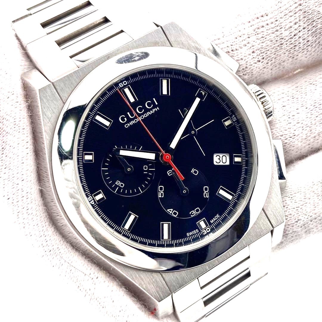 GUCCI Pantheon Chronograph 115.2 Watch Black Dial Steel Silver Men Used