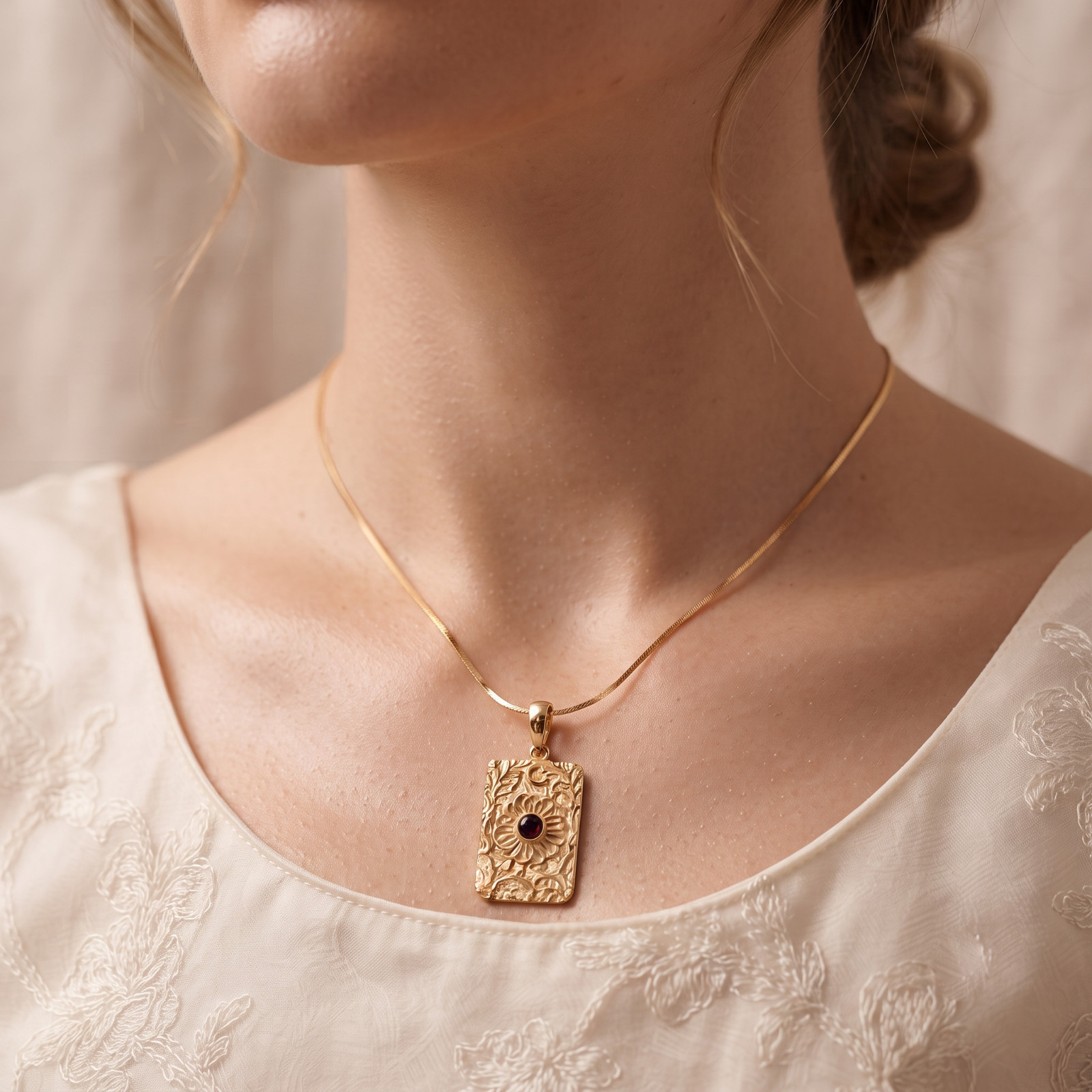 Gold Floral Rectangle Pendant Necklace, Sterling Silver Celestial Flower Charm