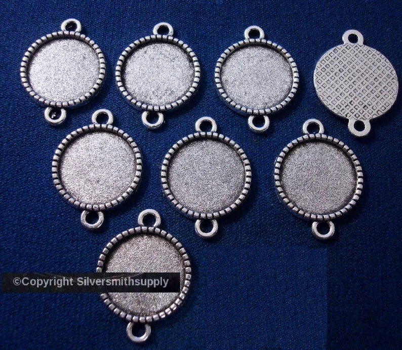 8 Bezel tray settings Silver pl holds 12mm cabochon earring charm 2 loops FPE171