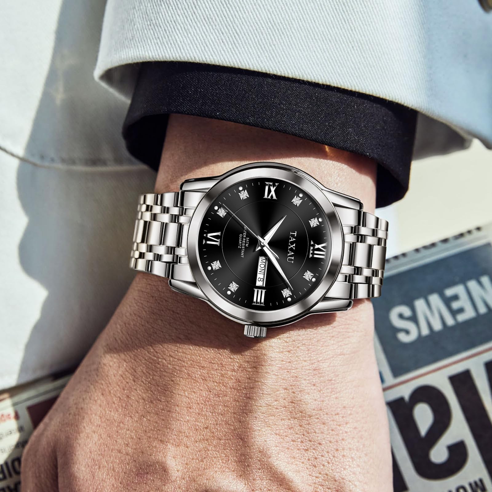 Silver Men Watch Black Face Stainless Steel Analog Quartz Watches for Men wit…