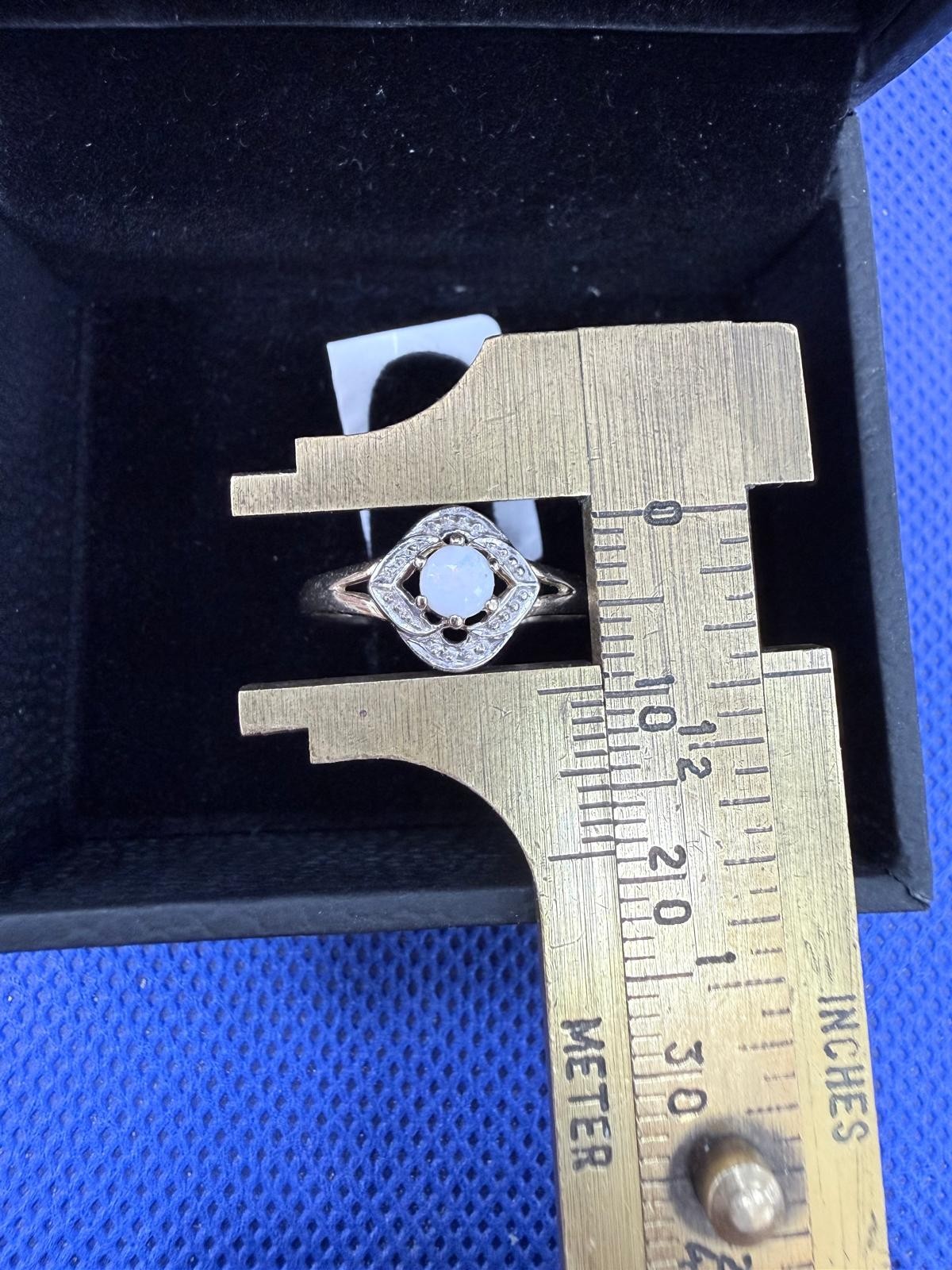 10kt Yellow Gold White Round Opal Ring, Prong Set, Signed, Size 7, 2mm