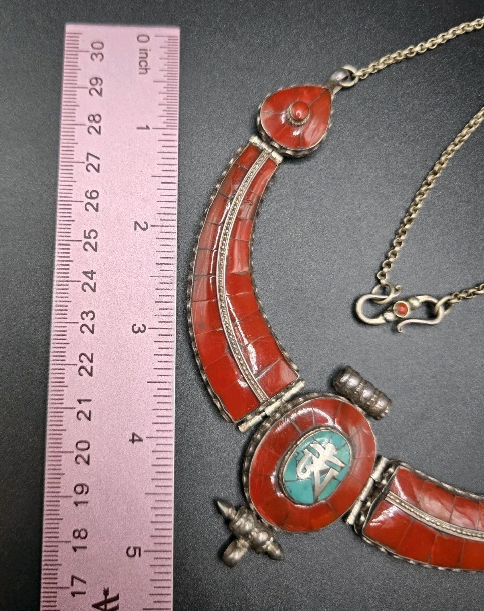 AUTHENTIC TIBETAN SILVER GARUDA COLLAR NECKLACE TURQUOISE CORAL BIB 107G 21.8 IN