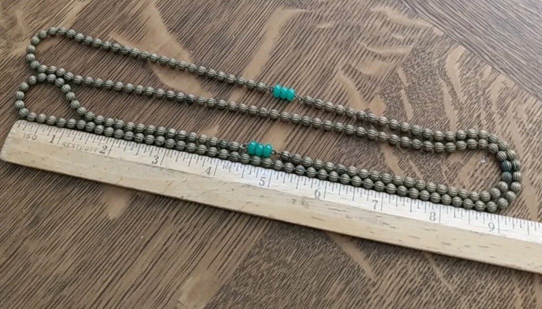 Antique Sink Chain Style Brass Ball Necklace 38” Long With Green Czech Glass