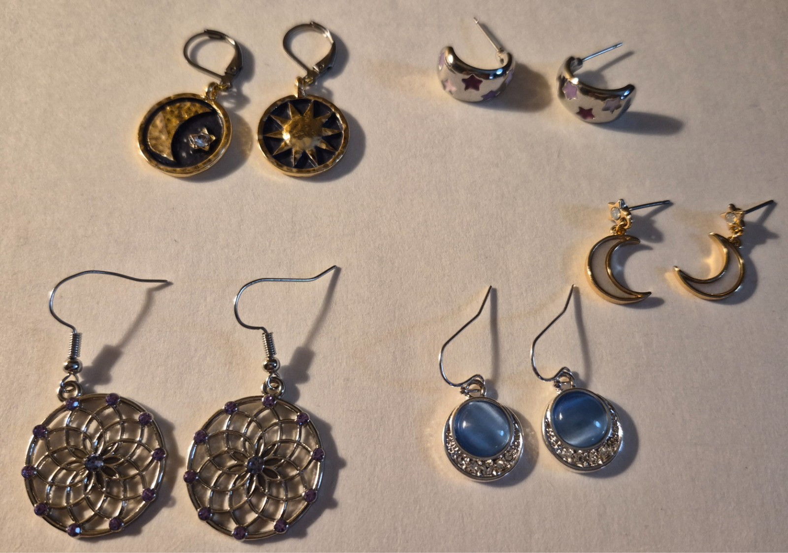 Moon Stars Shape Earrings Lot Silver Gold Dangle Drop 5 Pair Pierced Enamel Gems